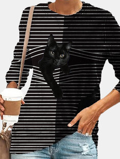 Black Cat Striped Patchwork T-shirt