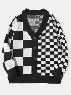 Checkered Button Front Preppy Cardigans-10414