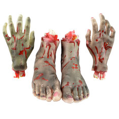 2Pcs Halloween Horrible Scary Props Bloody Faked Human Arm Finger Leg Foot Decor