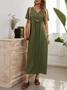 Solid Short Sleeve Maxi Dress-144884