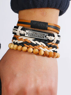 4 Pcs Casual Leather and Wood Beaded Braided Bracelets
