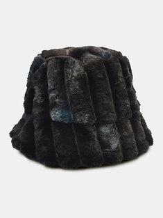 Unisex Faux Rabbit Fur Plush Striped Tie-dye Autumn Winter Cold Protection Bucket Hat
