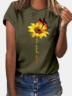Flower Butterfly Print T-shirt-3242