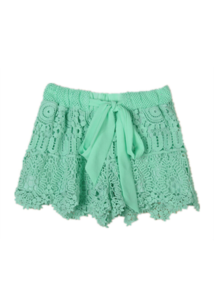 Lace Chiffon  Elastic Waist Hem Crochet Drawstring Shorts 