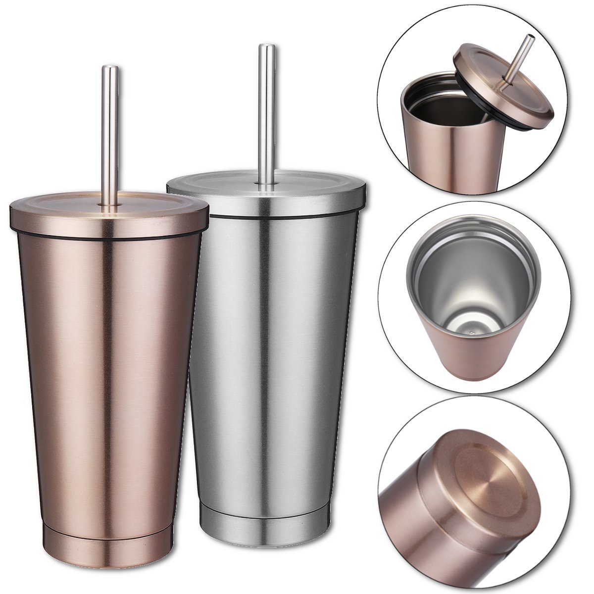 

500ml Stainless Steel Mug Portable Home And Office Tumbler Coffee Ice Cup With Drinking Straw, Silver;gold