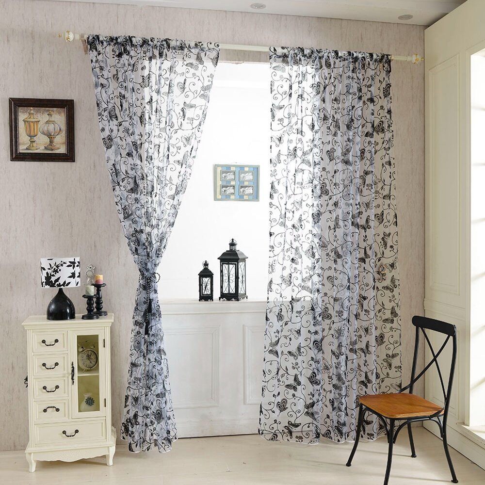 

Fashion Butterfly Voile Door Curtain Panel Window Room Divider Sheer Curtain Home Decor, White;black