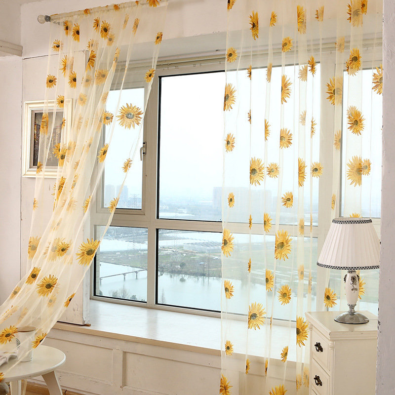 

Sun Flower Voile Curtain Transparent Panel Window Room Divider Sheer Curtain Home Decor, Wine red;blue;coffee;yellow