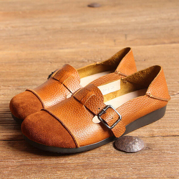 SOCOFY Buckle Multi-Way Color Blocking Soft Leather Flat Loafers