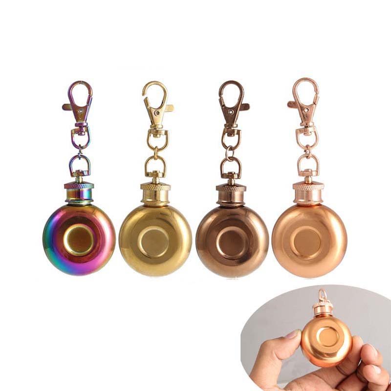 

1oz 28ml Mini Stainless Steel Round Hip Flask With Keychain Liquor Alcohol Whiskey Wine Pot, Rose gold;deep rose
