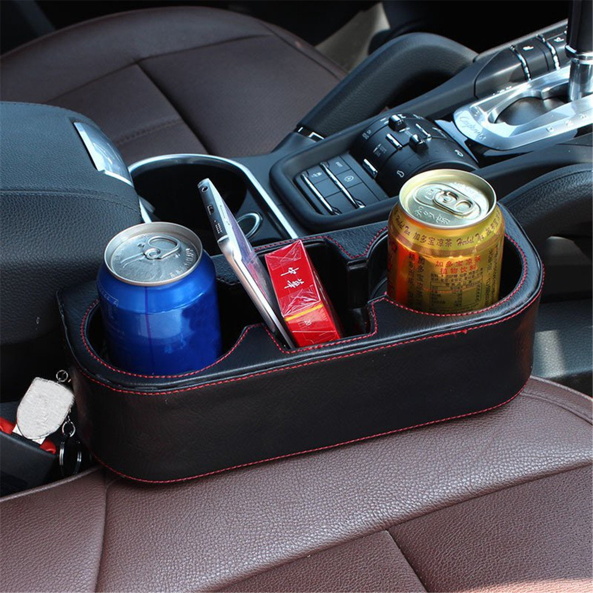 Black PU Leather Car Seat Drink Cup Holder Wedge Valet Beverage Bottle Stand