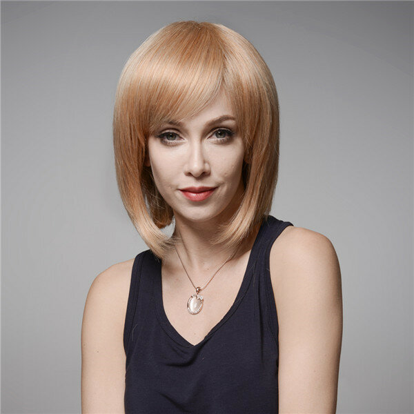

Elegant Human Hair Wig Side Bang Wave Virgin Remy Mono Top Capless 8 Colors, 30-613# brown with blonde