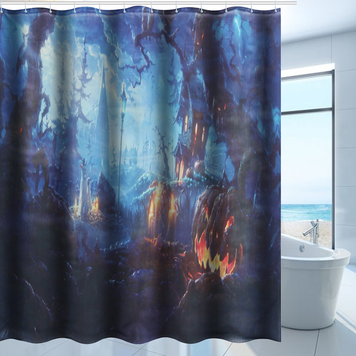 71 `` x 71 ''ハロウィン浴室装飾水中防水シャワーカーテン12フック