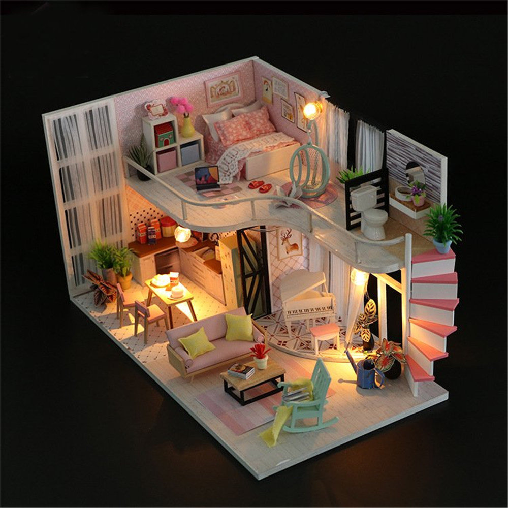 

Concise DIY Wood Dollhouse Miniature Doll House With Dust Cover
