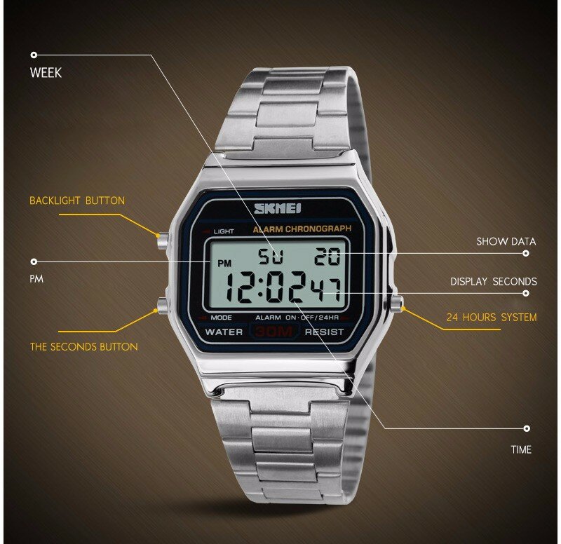 SKMEI 30M Waterproof Rectangle Digital Stainless Steel Band Luxury Wrist Watch for Men Women