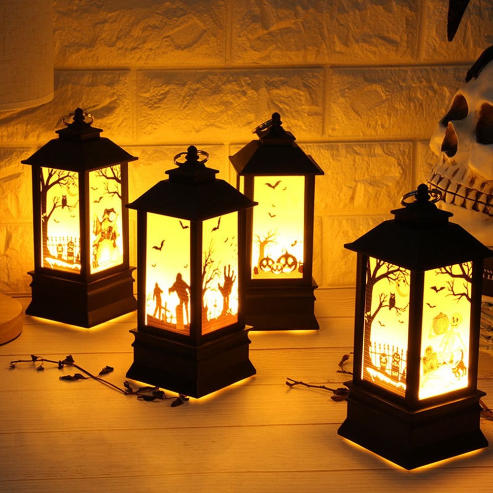 Battery Powered Hanging Lantern Holiday Light Pumpkin Flame Lamp for Home Halloween Decor DC4.5V