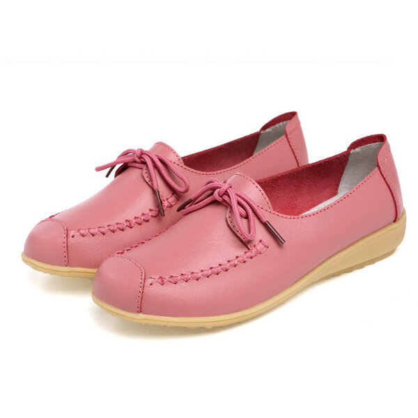 Pure Color Leather Non-slip Lace Up Soft Casual Flat Shoes