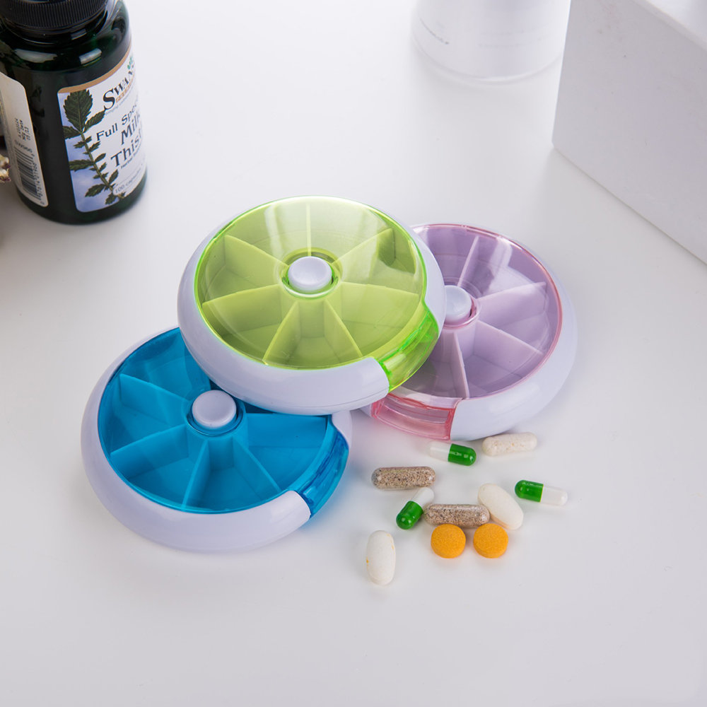 

7 Cases Round Pill Box 7 Days Plastic Storage Box Rotating Portable Pill Box Case, Blue;purple;green