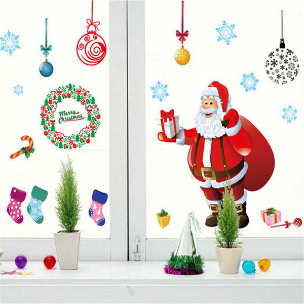شجرة عيد الميلاد الجدار ملصق سانتا كلوز هدية جدار الفن نافذة تزيين المنزل