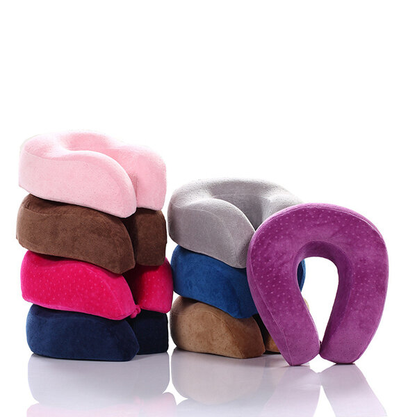 

U-Shape Slow Rebound Memory Foam Pillow Neck Protect Headrest Travel Soft Cushion, Purple;gray;coffee;navy;rose red
