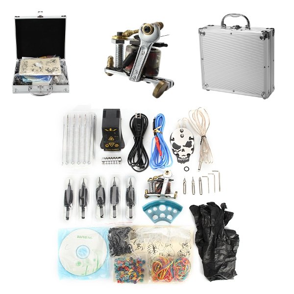 Professional Senior Tattoo Coil Machine Kit EP-2 Power Supply Skull Pattern Pedal Suit