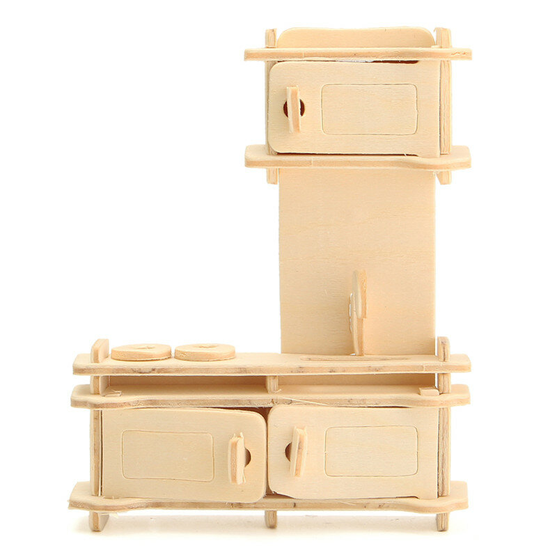 

34 Pcs 3D DIY Wooden Miniature Dollhouse Furniture Model Unpainted Suite Intelligence Toys