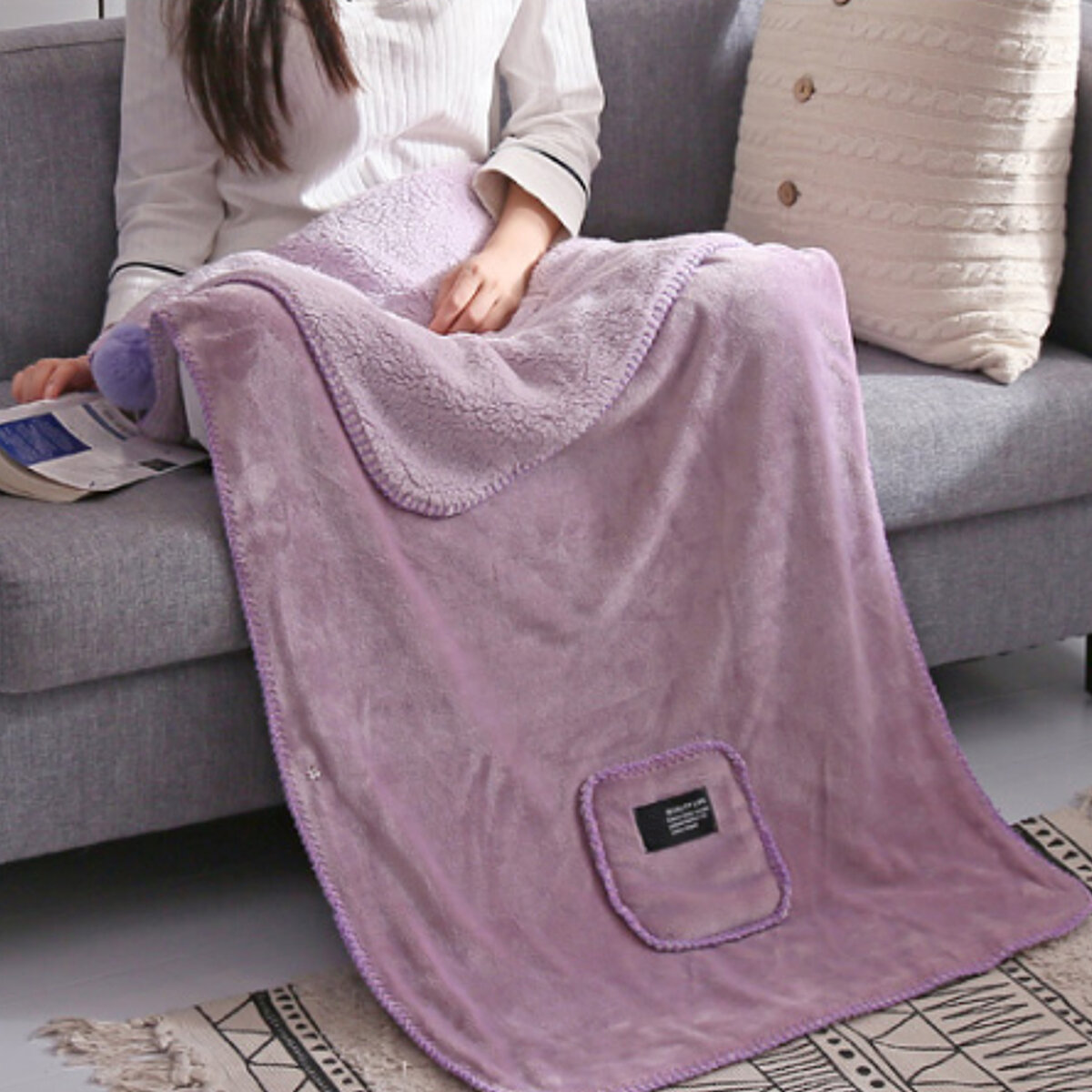Flannel Shearling Wearable Blanket Winter Warm Cloak Shawl Office Nap Lazy Blanket