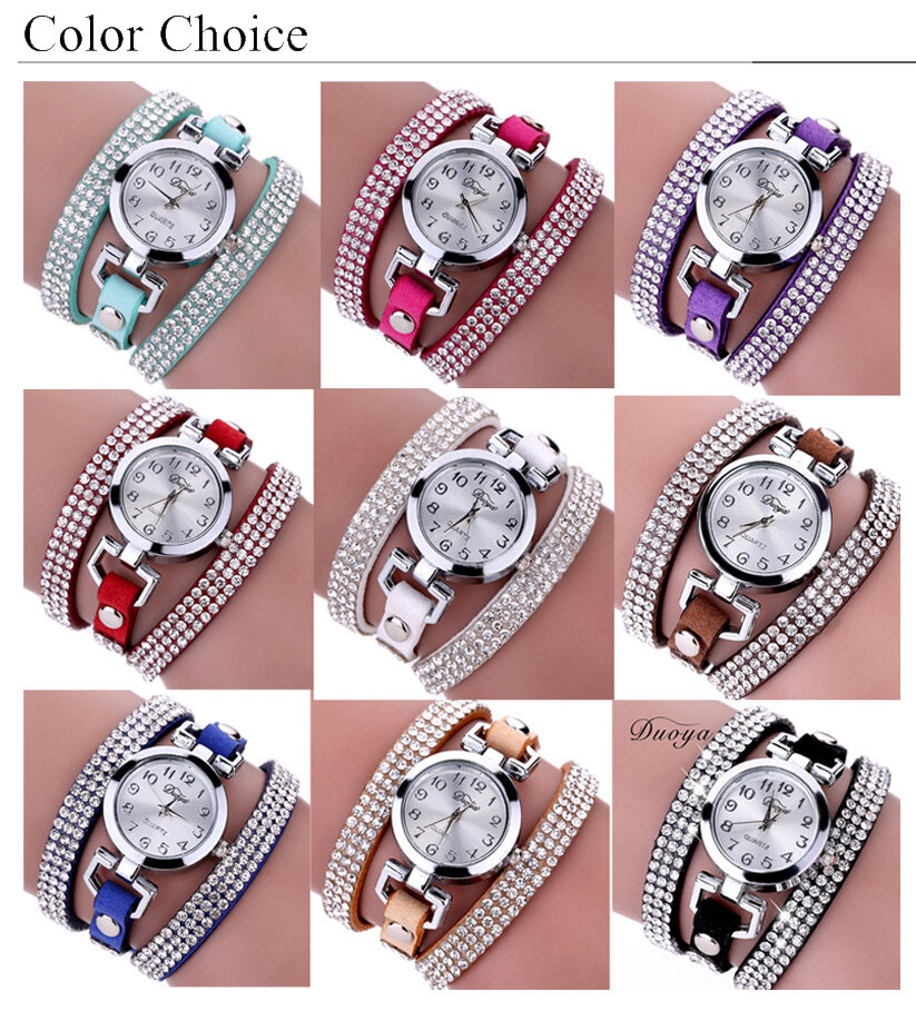DUOYA Fashion Round Dial Wristwatch Full Rhinestones Bracelet Watch Multilayer Leather Women Watches