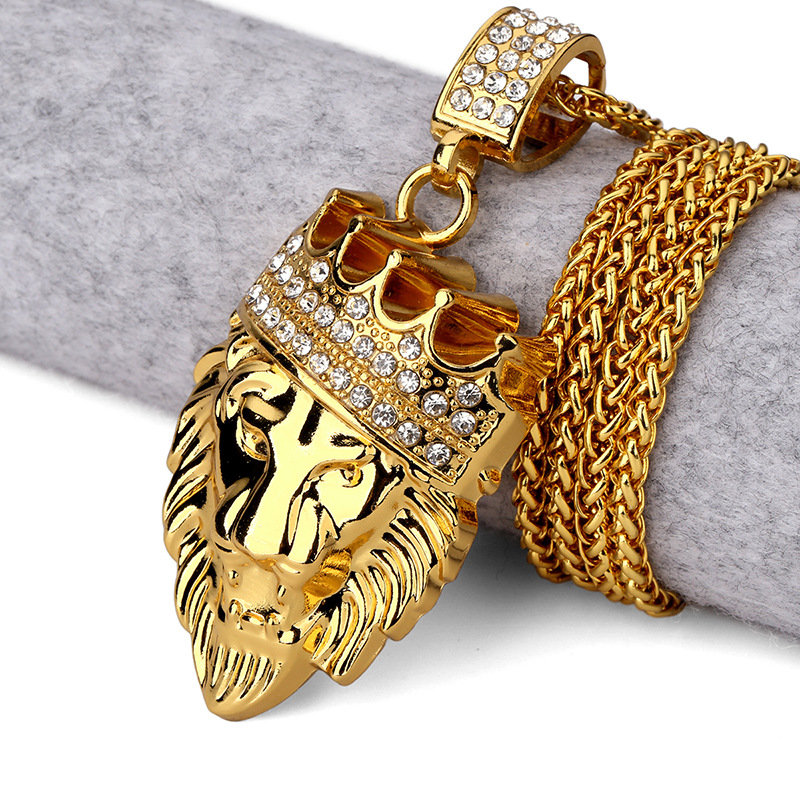 Hip Hop Fashion Gold Chain King Crown Lion Head Pendant Gold Necklace for Men
