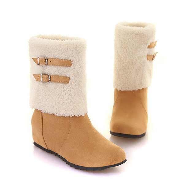 Big Size Buckle Folded Casual Warm Cotton Lining Mid Calf Boots 