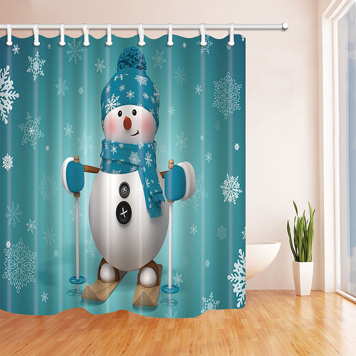 180x180cm Skiing Snowman Christmas Waterproof Bath Shower Curtains With 12 Hooks