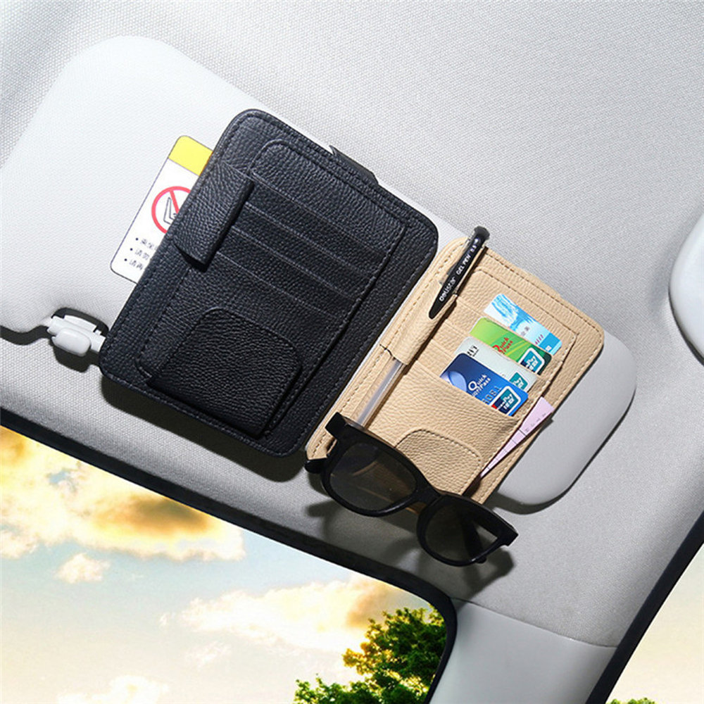 

PU Leather Car Sun Visor Glasses Clip Card Pen Holder Storage Driver License Package, Black