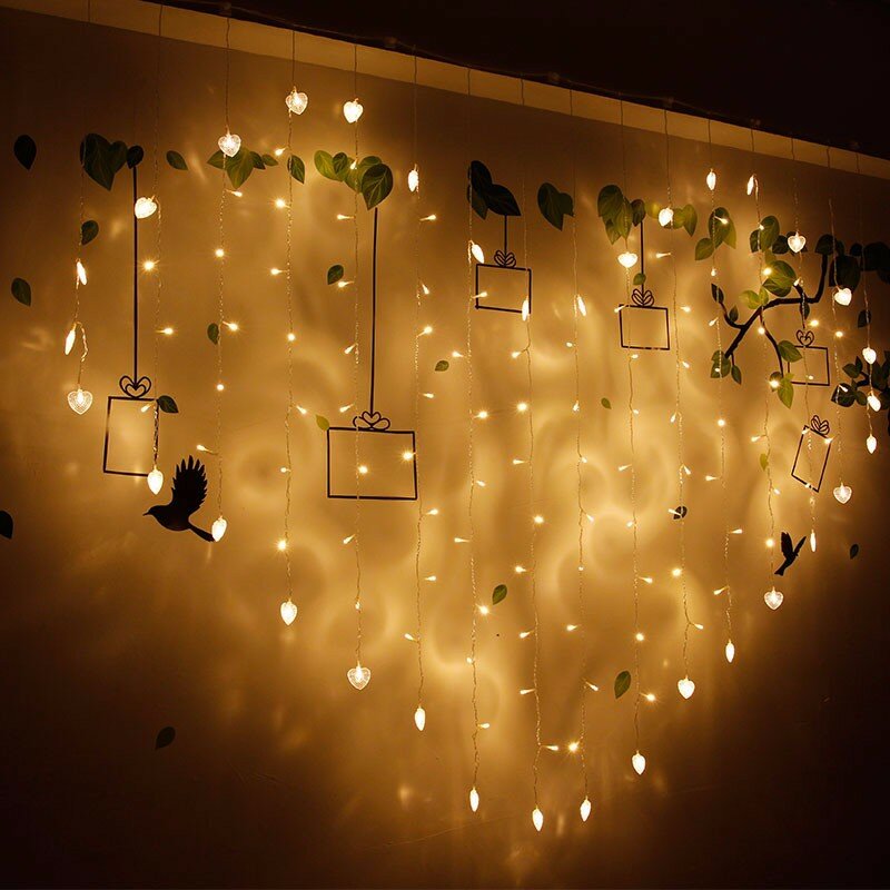 2x1m 128 LED Heart Shape Light String Curtain Light Home Decor Celebration Festival Wedding