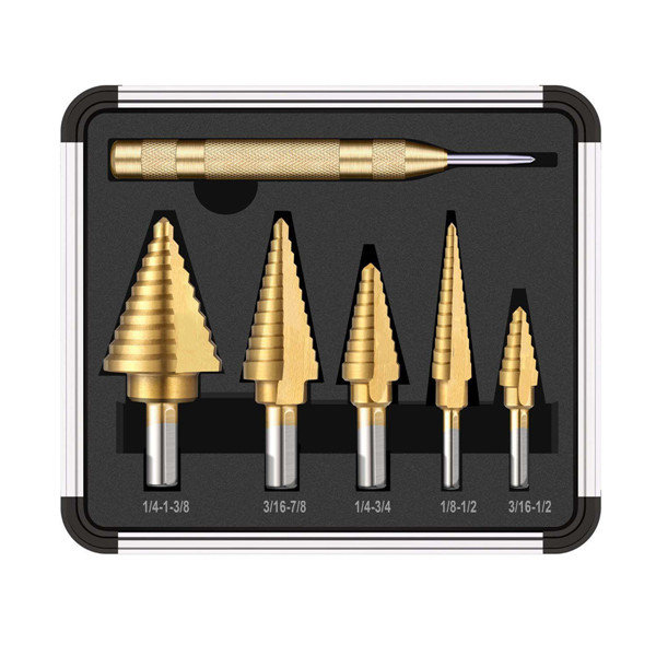 

6pcs HSS Titanium Coated Step Drill With Center Punch Drill Set Hole Cutter Drilling Tool