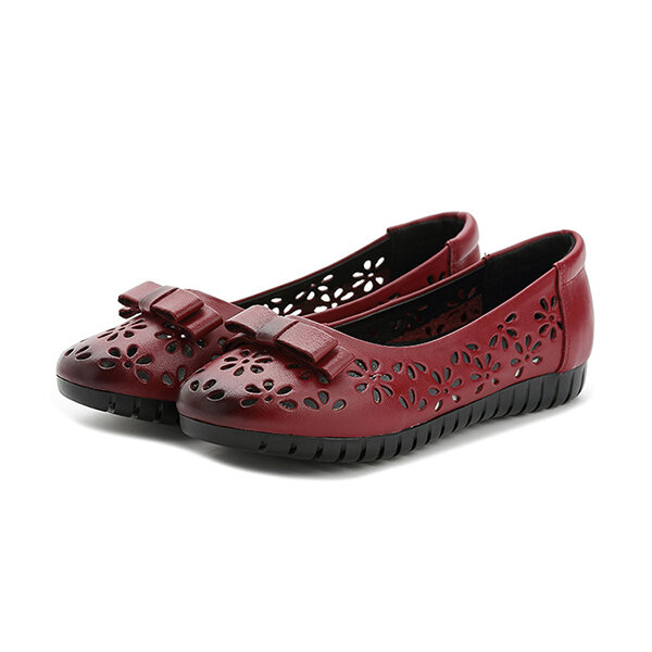 Hollow Out Bowknot Slip On Leather Flat Loafers