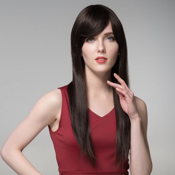 Straight Long Human Hair Side Bang Wig Virgin Remy Mono Top Capless 8 Colors 