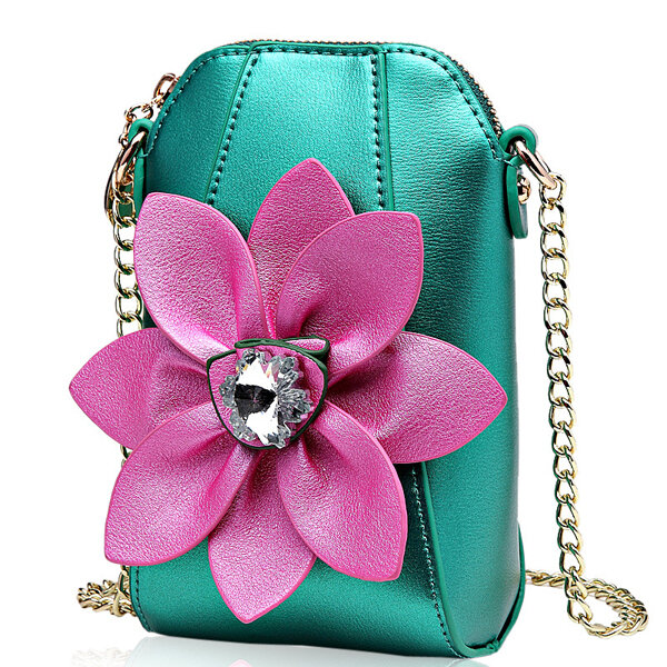 6 Inches Cell Phone Pu Leather  Women National Style Flowers Chain Crossbody Bag Shoulder Bag
