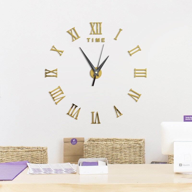 Large 3D DIY Wall Clock Roman Numerals Clock Frameless Mirror Surface Wall Sticker Home Decor 