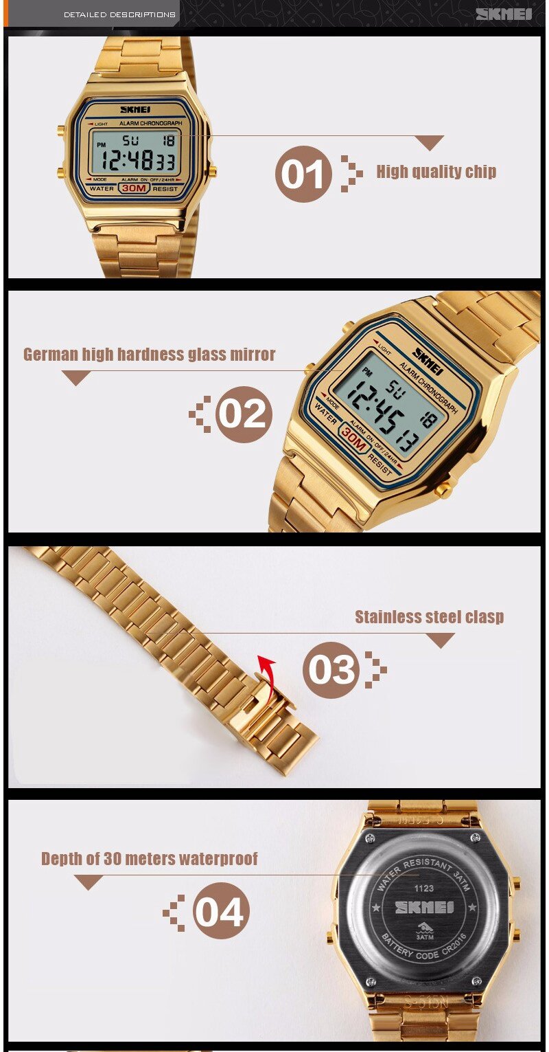SKMEI 30M Waterproof Rectangle Digital Stainless Steel Band Luxury Wrist Watch for Men Women