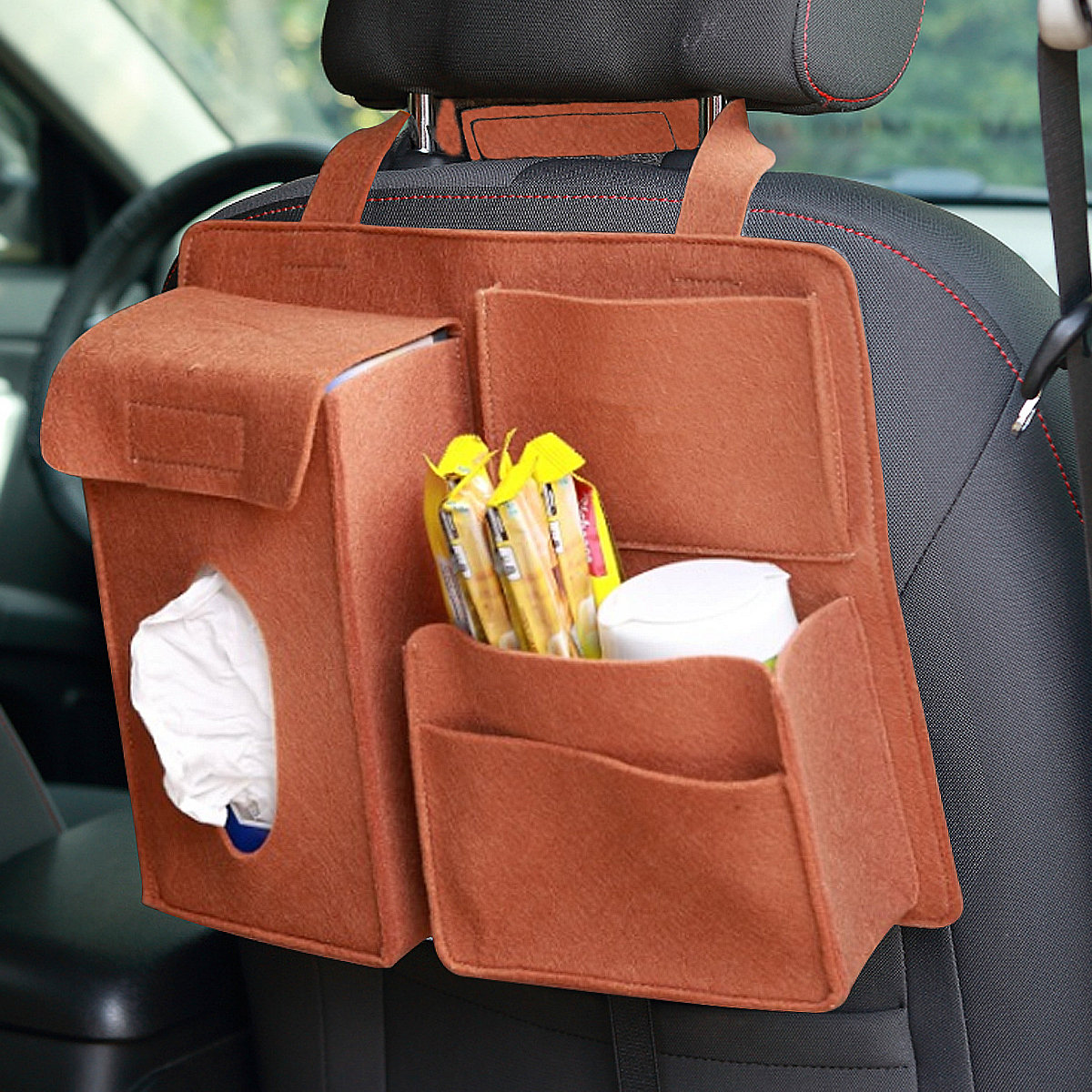 

Felt Car Seat Back Storage Bag Multi Pocket Phone Cup Holder Organizer, Khaki;black