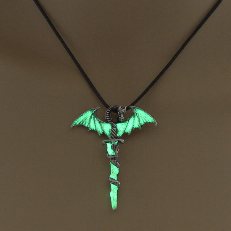 Vintage Luminous Sword Dragon Pendant Necklace Punk Halloween Men Jewelry
