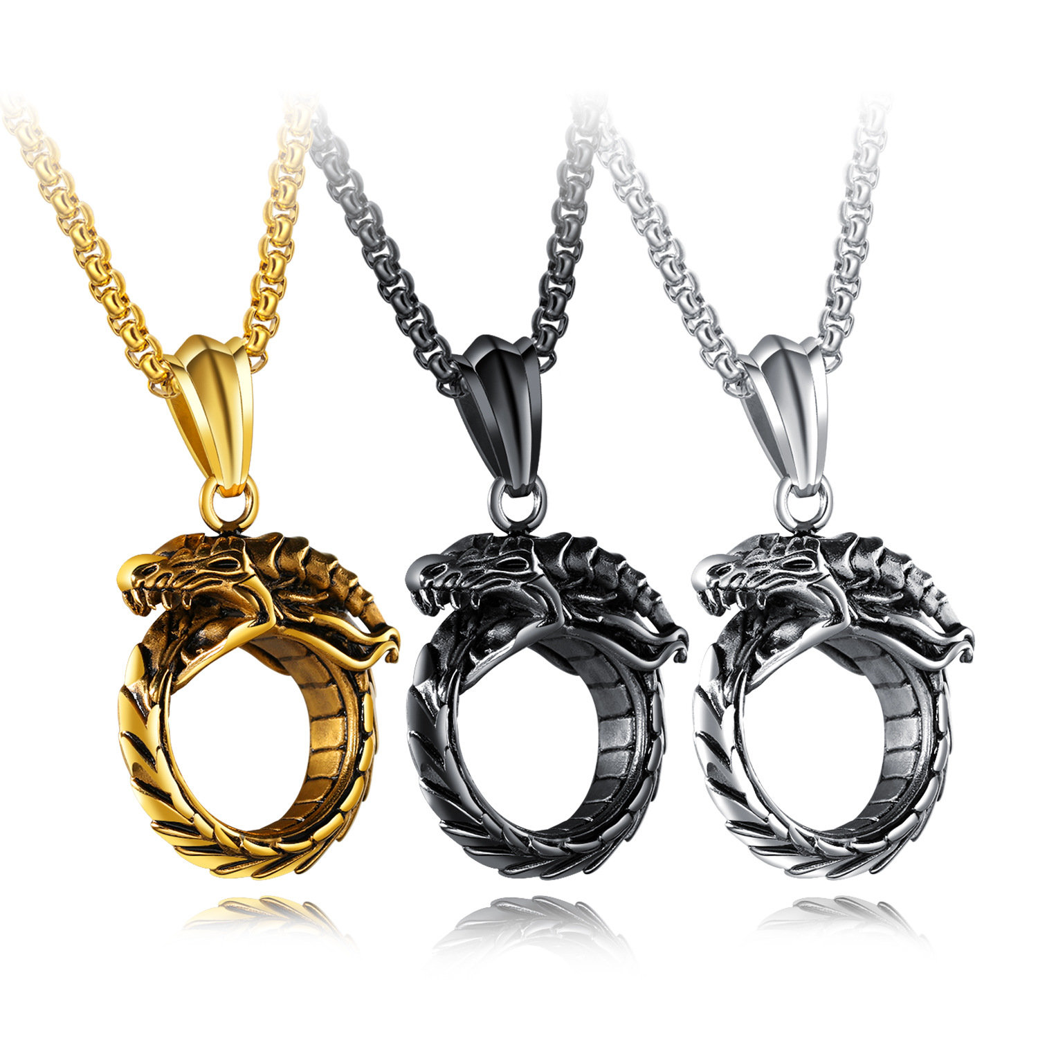 Punk Men's Stainless Steel Ouroboros Serpent Bite Tail Charm Necklace Vintage Jewelry for Men