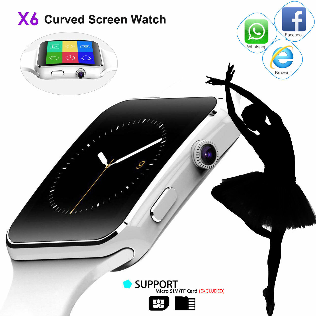 BAKEEY X6 Curved HD Camera SIM Card Call Sleep Monitor Built-in Apps Smart Watch for IOS Android