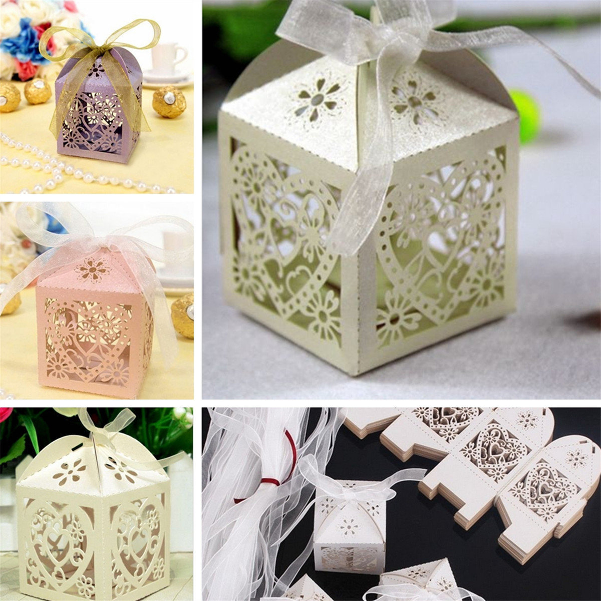 10PCS Heart Pattern Ribbon Laser Cut Hollow Out Wedding Candy Box Gift Chocolate Storage