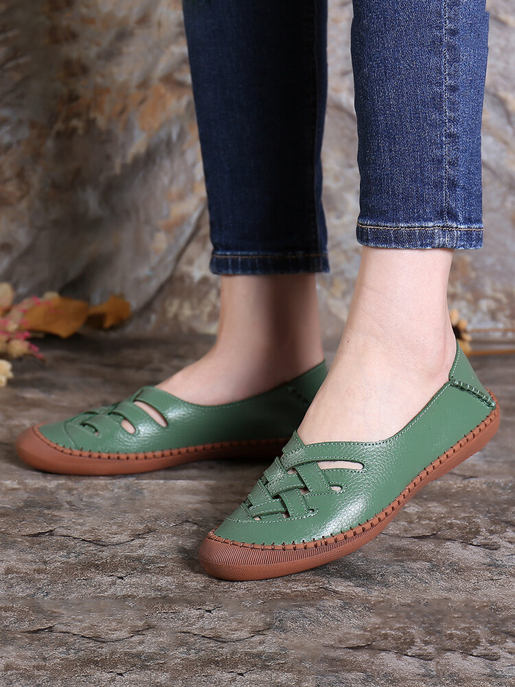 Women Large Size Cowhide Handmade Stitching Hollow Breathable Comfy Casual Loafers