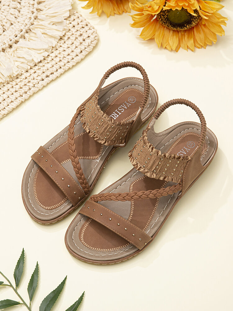 

Fashion Rivet Woven Pleated Design Casual Elastic Band Beach Sandals For Women, Black;brown;apricot
