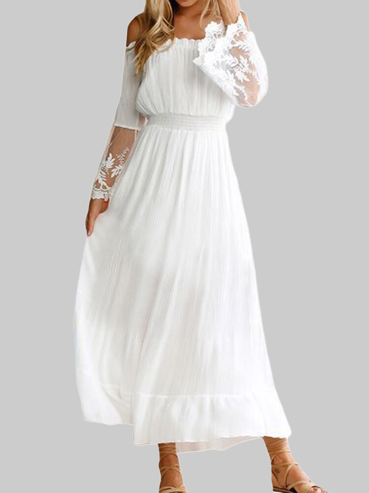 Lace Floral Off Shoulder Pleated Trumpet Sleeve Maxi Dress