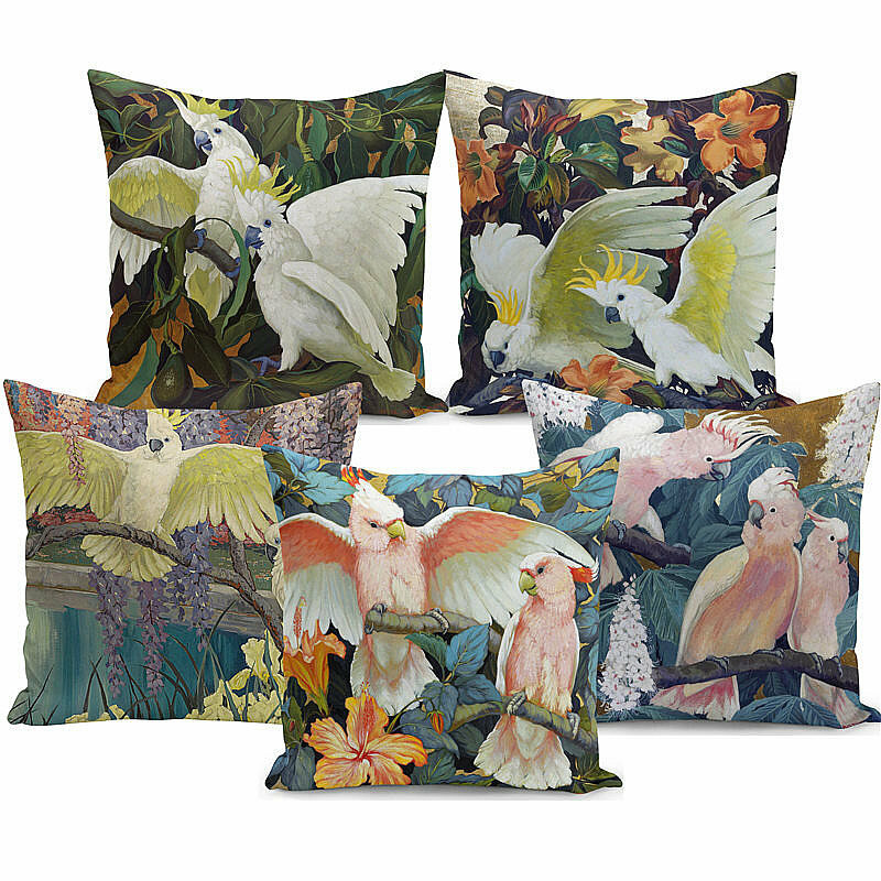 

Tropical Flora And Fauna Retro Painting Parrot Peach Velvet Pillowcase Home Fabric Sofa Cushion Cover