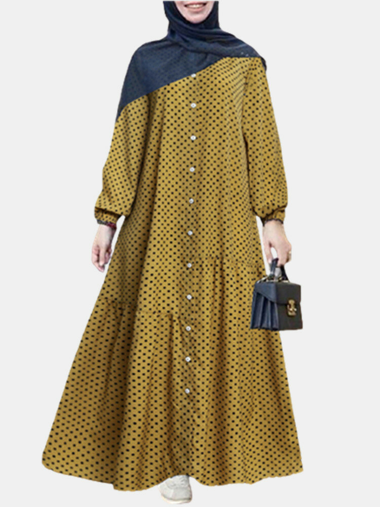 Dot Print Long Sleeve O-neck Plus Size Casual Maxi Dress for Women