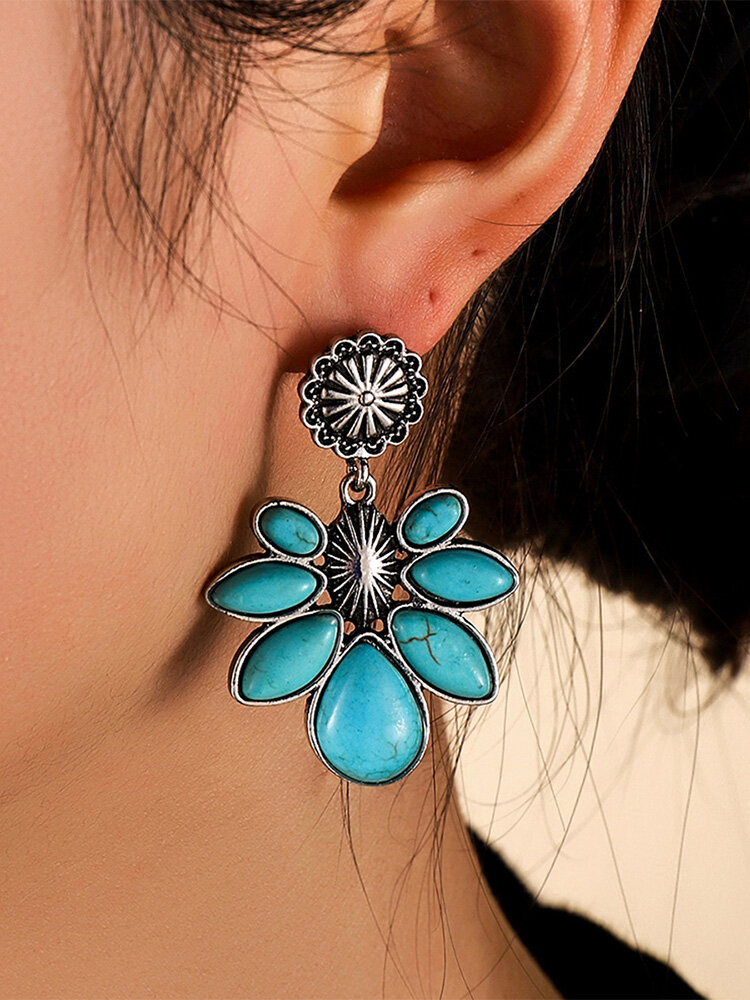 Vintage Bohemian Flower Drop Shape Alloy Turquoise Earrings
