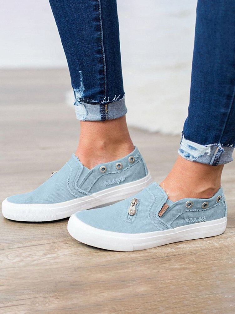 Women Zipper Loafers Denim Comfy Casual Slip On Flat Shoes